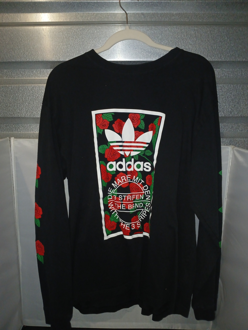 adidas Originals Floral Red Roses Box Logo Long Sleeve Shirt Black Sleeve Print